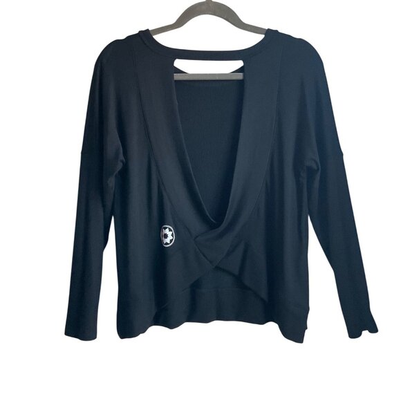 Emily HSU Small Black Open Back Long Sleeve Top Made USA Athleisure Minimalist - Picture 2 of 8